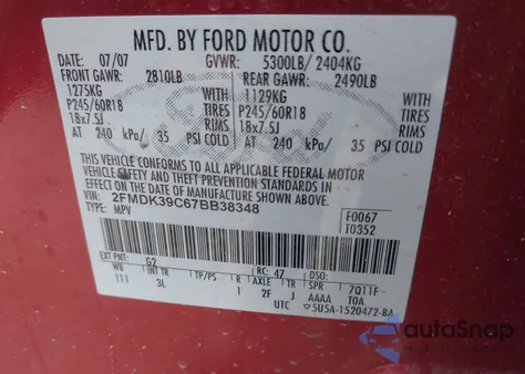 2007 Ford Edge Sel Plus из США, поврежденный, VIN 2FMDK39C67BB38348